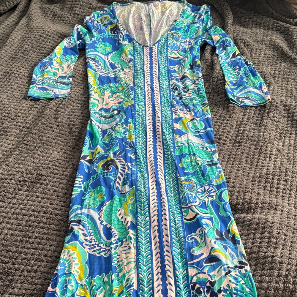 Lilly Pulitzer Elegant Blue and Green Floral Long Sleeve Dress